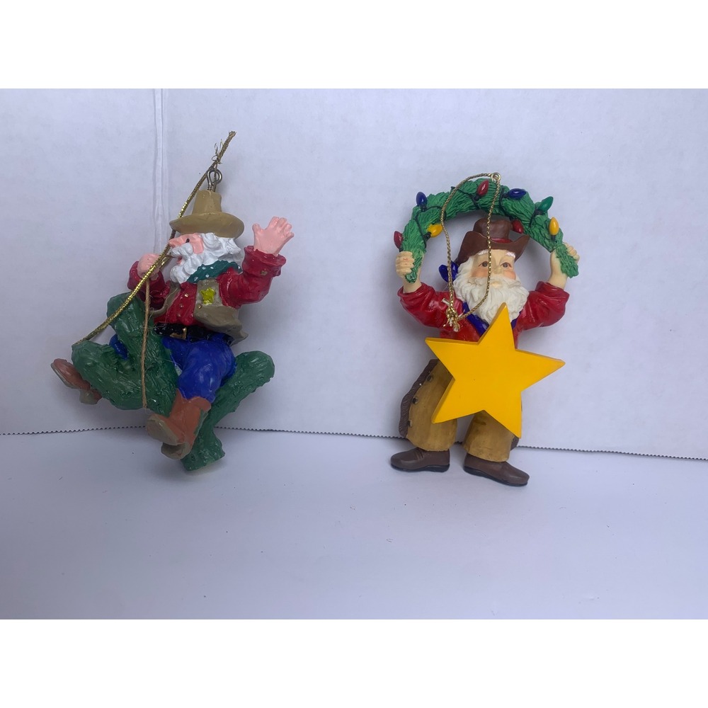 Vintage Cowboy Santa Christmas Ornaments Set of 2‎ Western Cactus Wreath Decor